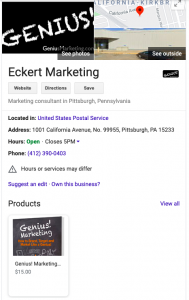 Eckert Marketing Genius Marketing on Google sidebar