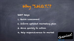 Why S.W.O.T.? 1. Quick assessment 2. Inform updated marketing plan 3. Move quickly to action 4. Help responsiveness to market Genius! geniusmarketing.com