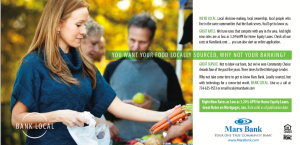 image of woman at farmers market with headline "You Want Your Food Locally Sourced, Why Not Your Banking?