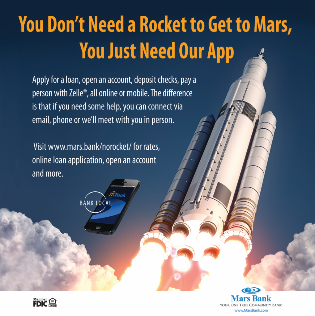 image of rocket blasting off and headline in text "You Don't Need a Rocket to Get to Mars. You just need our app. Mars Bank"