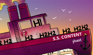 Image of a Yoast tugboat with H1 and H2 tag symbols on the deck and the name of the boat reads "SS Content"